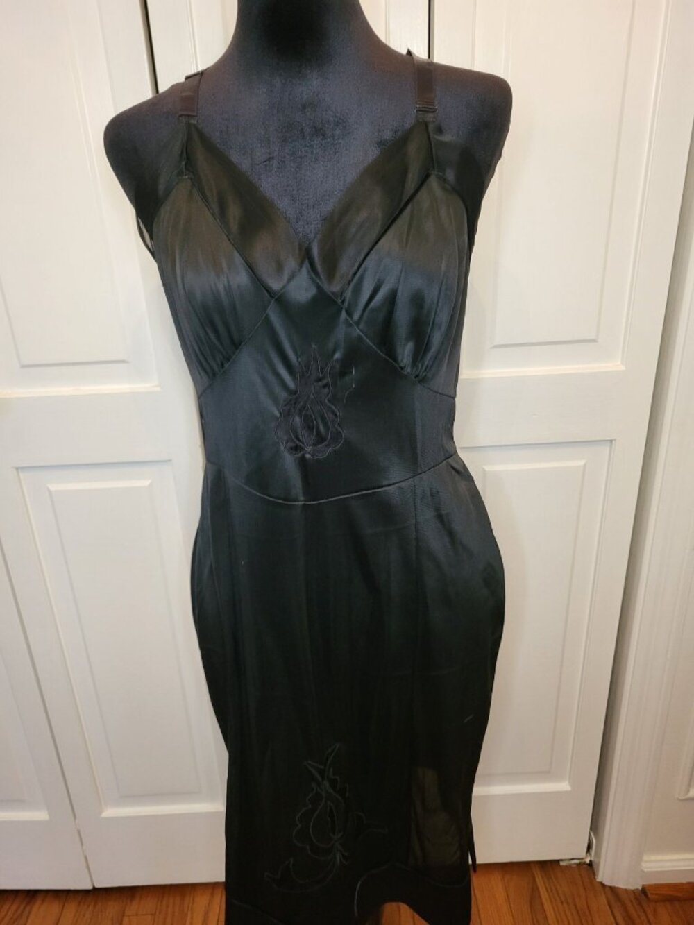 Vintage 60s 70s Black Satin Chemise Slip Dress 36/Sm Retro Hollywood Glam Pin Up